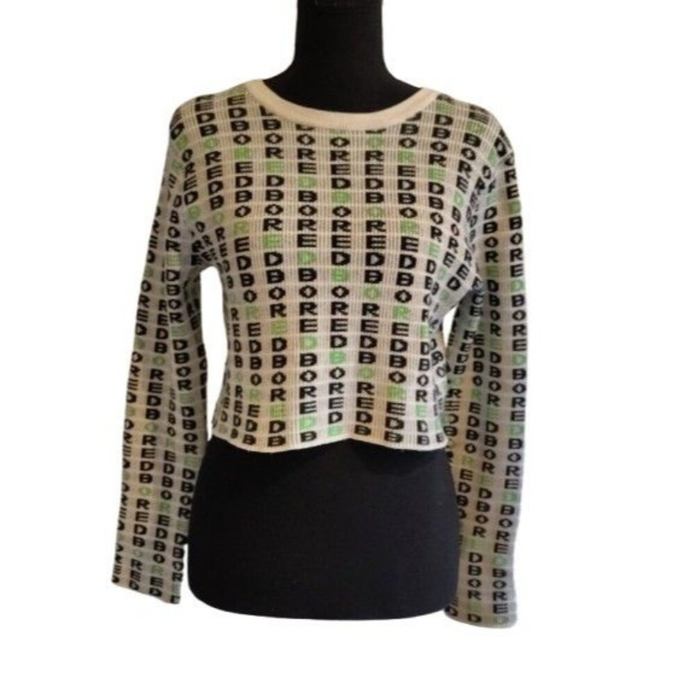 COLLUSION Cropped Long Sleeve Knit Sweater "BORED" Graphic Print White Green US